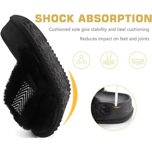 Women's Fuzzy Faux Rabbit Furry Fur Cross Band Arch Open Black Slippers Shoes - Picture 6 of 8